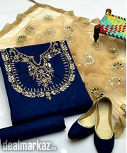 3 Pcs Women's Unstitched katan Silk Suit With Khussa free