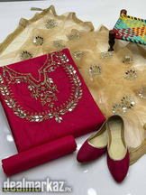 Women's 3 pcs unstitiched katan silk embroidered suit with khussa