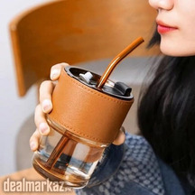 450ml Glass Coffee Mug with Straw & Leather Sleeve Mugs