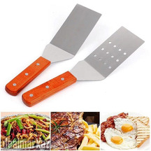 2pcs Set Cooking Spatula with Wooden Handle Grill Turner Stainless Ste
