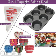 3in1 Deal 6 Cupcake Muffin Tray + 10 Disposable Piping Bag + 50 pcs Cu