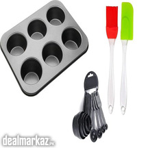 6 Slot Muffin Tray with 10pcs Measuring Cup Spoon Set and Silicon Spat
