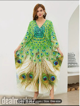 Peacock Print Women’s Maxi Beach Kaftan Dress