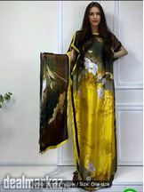 Lotus Print Boat Neck Long Sleeve Kaftan Dress
