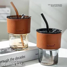 Leather Glass Cup with Lid and Straw